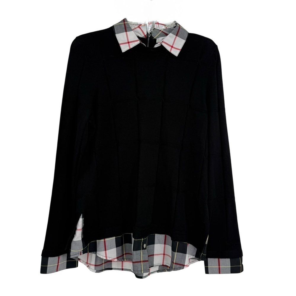 Foxcroft Pullover Sweater Size M Black Plaid Collar Cuffs Hem Long Sleeve Knit